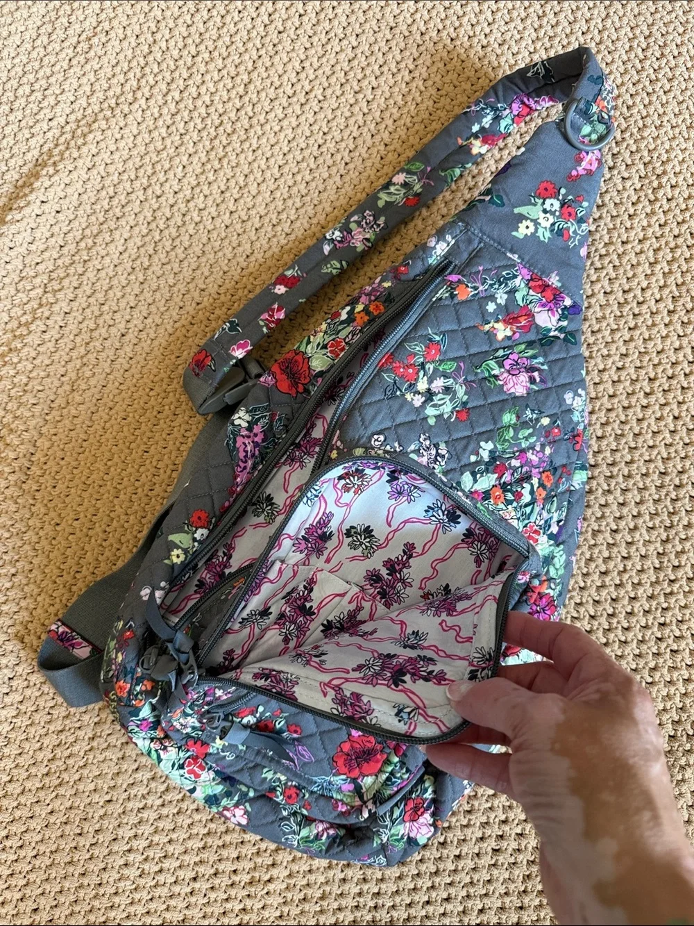 Vera Bradley Gray Quilted Floral Sling Backpack with Pink & Red Accents NWOT